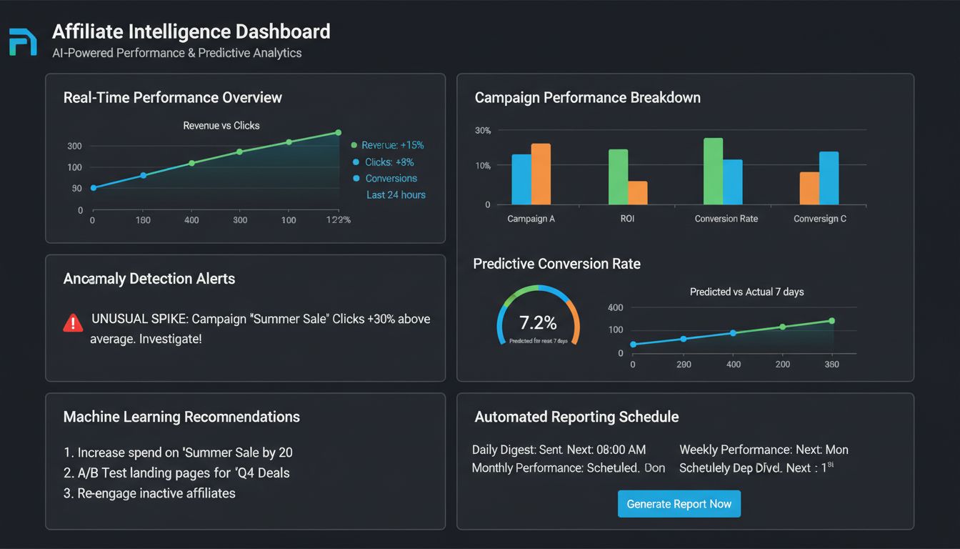 Dashboard di analytics potenziata da AI che mostra metriche di performance in tempo reale, avvisi di rilevamento anomalie e grafici di analisi predittiva per l'affiliate marketing
