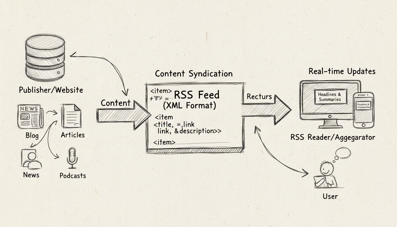 Diagramma disegnato a mano che mostra il flusso di lavoro RSS con syndication dei contenuti, aggiornamenti in tempo reale, fonti multiple, lettore RSS e aggregazione dei titoli