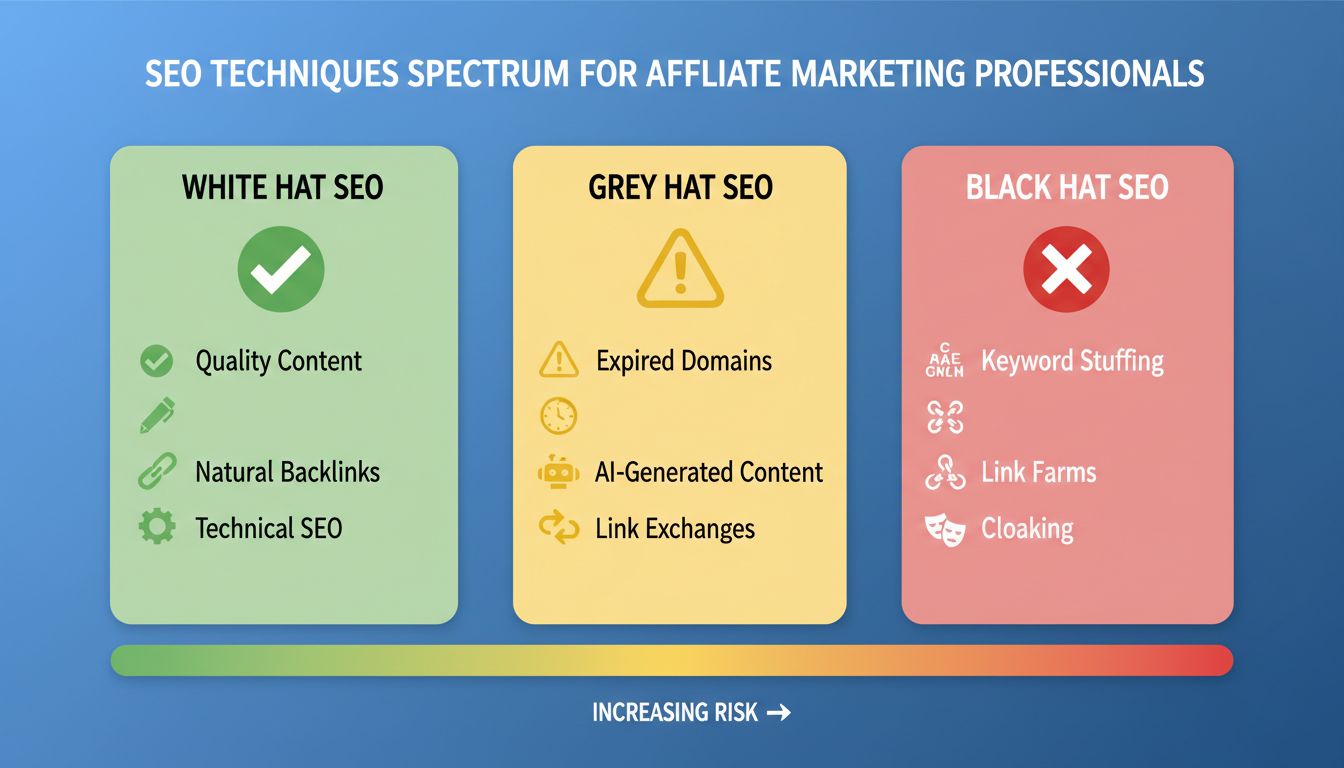 SEO Spectrum: White Hat vs Grey Hat vs Black Hat techniques comparison