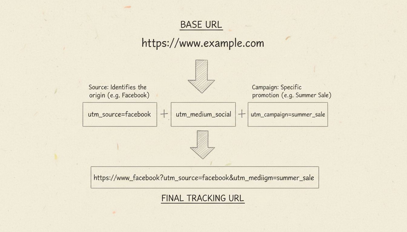 Diagramma disegnato a mano che mostra come creare URL di tracciamento con struttura dei parametri UTM