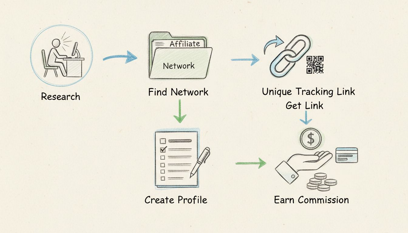 Diagramma disegnato a mano che mostra il processo passo-passo per entrare in un network di affiliazione con ricerca, creazione del profilo, generazione dei link e fasi di guadagno delle commissioni