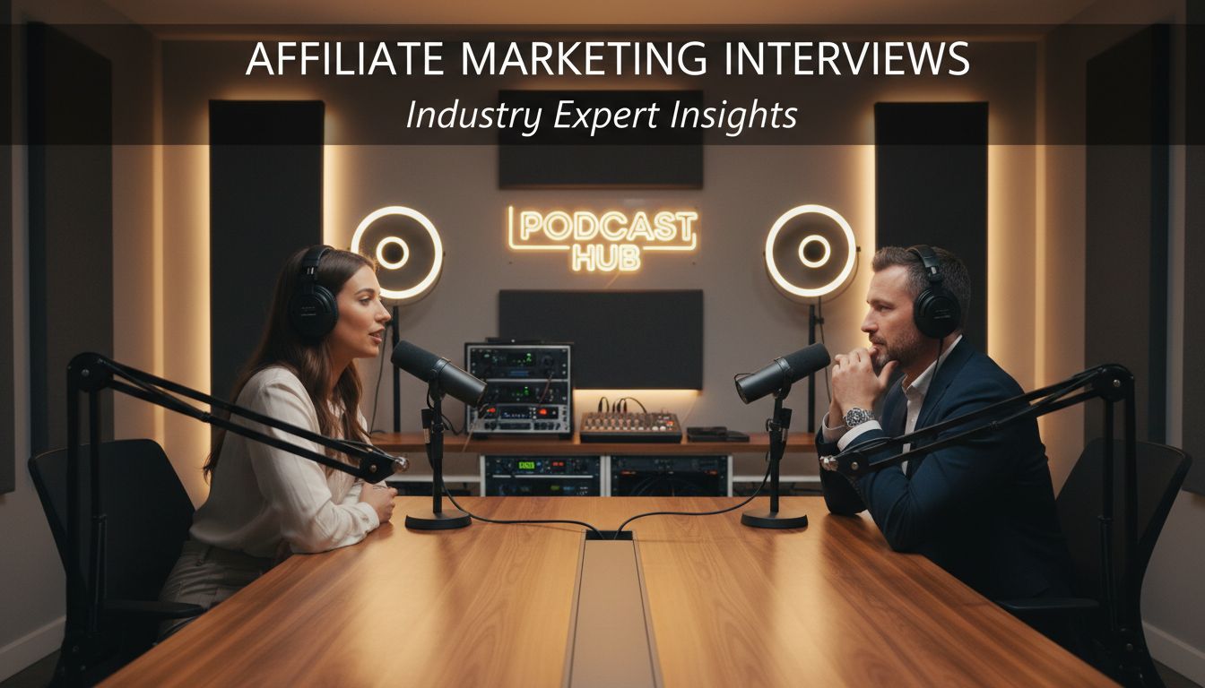Configurazione professionale di podcast con esperti di affiliate marketing che discutono strategie e approfondimenti
