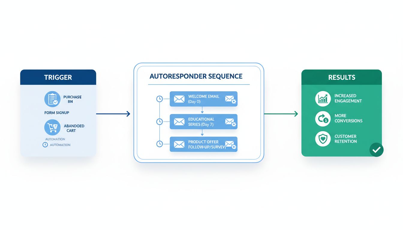 Diagramma del flusso di lavoro di un autoresponder email che mostra trigger, sequenza automatica e risultati