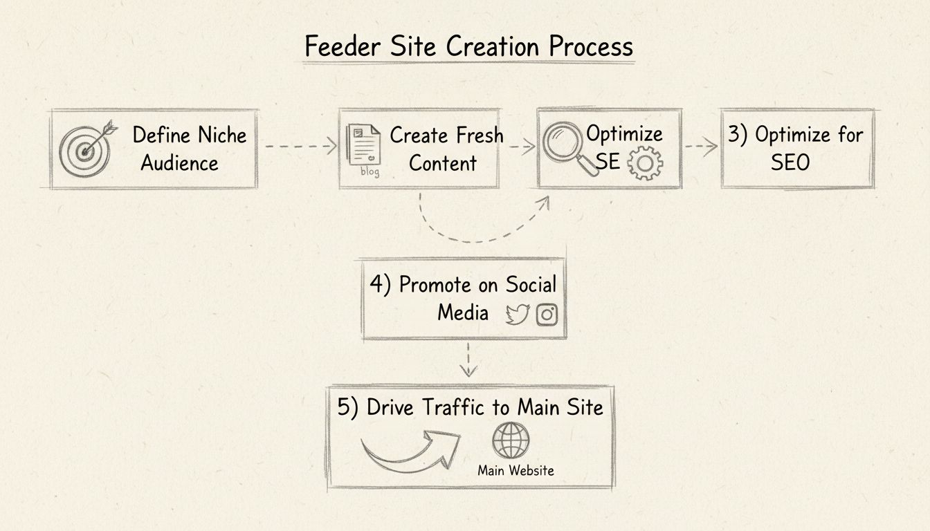 Diagramma di flusso del processo di creazione di un sito feeder che mostra cinque passaggi: Definisci il Pubblico di Nicchia, Crea Contenuti Aggiornati, Ottimizza per SEO, Promuovi sui Social Media e Porta Traffico al Sito Principale