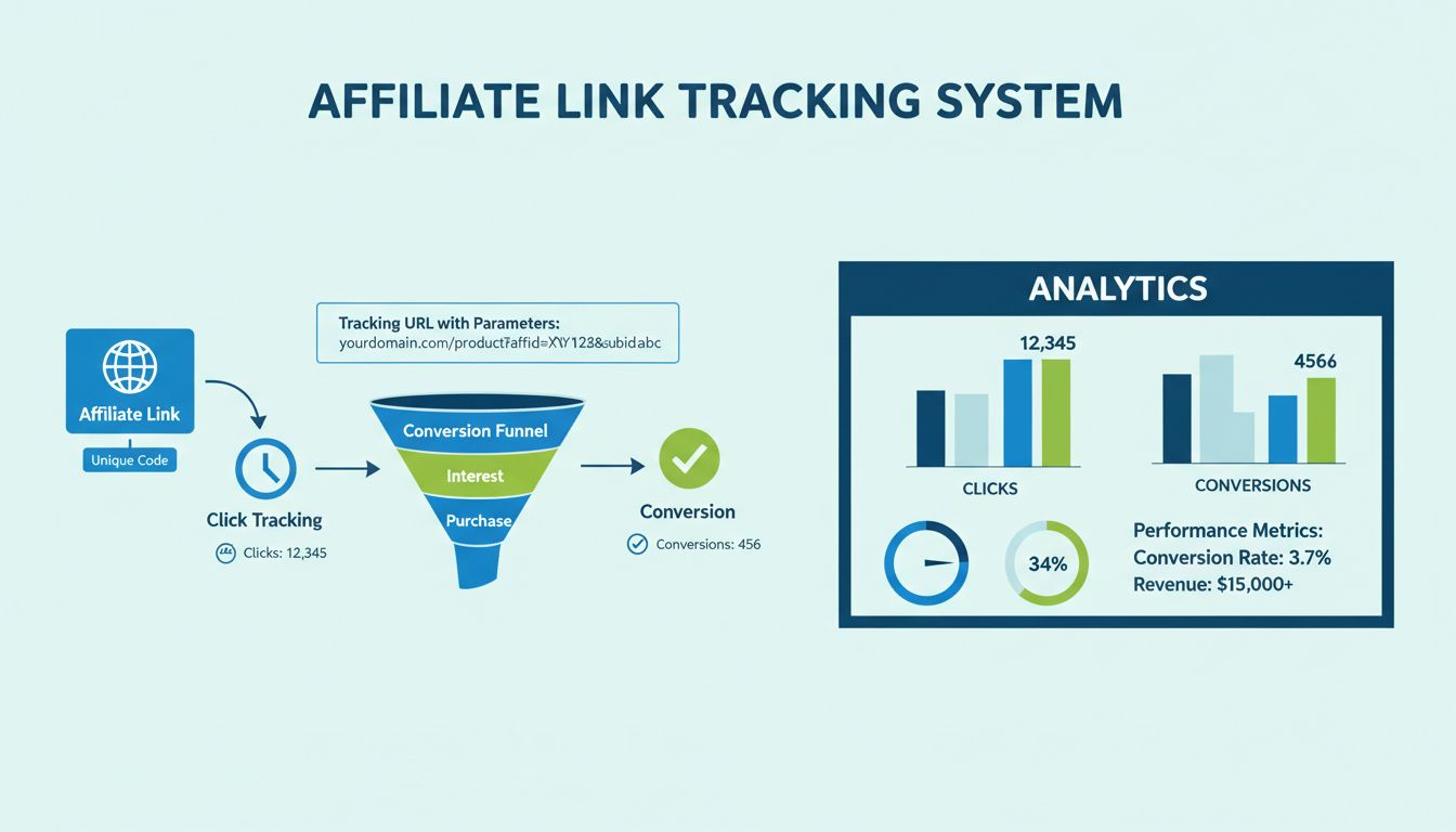 Infografica del sistema di tracciamento dei link affiliati che mostra codici di tracciamento unici, dashboard analitica e flusso di conversione