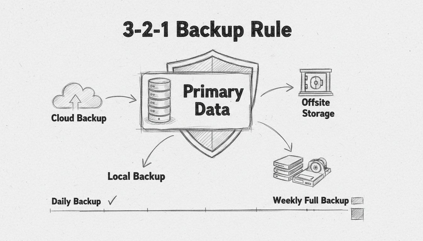 Diagramma disegnato a mano che mostra la regola di backup 3-2-1 con dati primari, backup su cloud, storage offsite e posizioni di backup locali