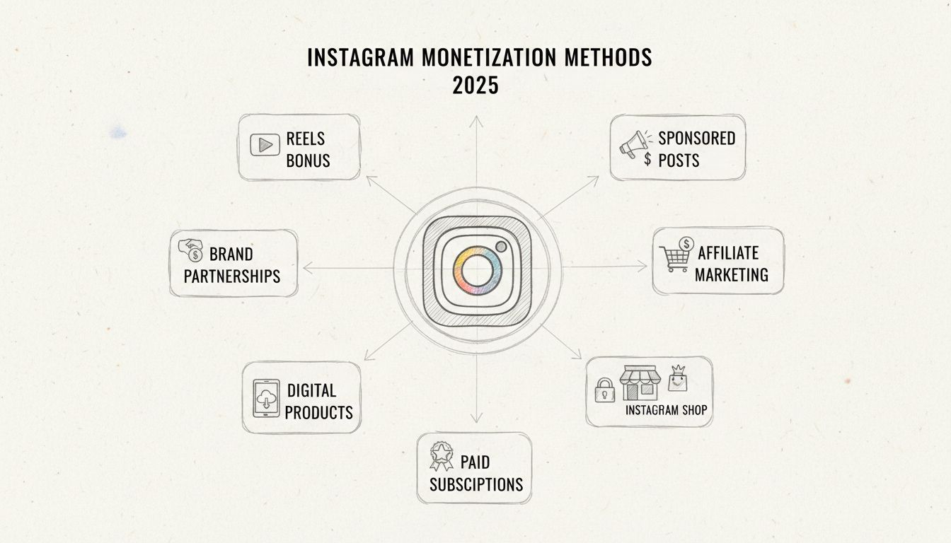 Diagramma dei metodi di monetizzazione Instagram che mostra 8 diversi flussi di reddito collegati al logo centrale di Instagram
