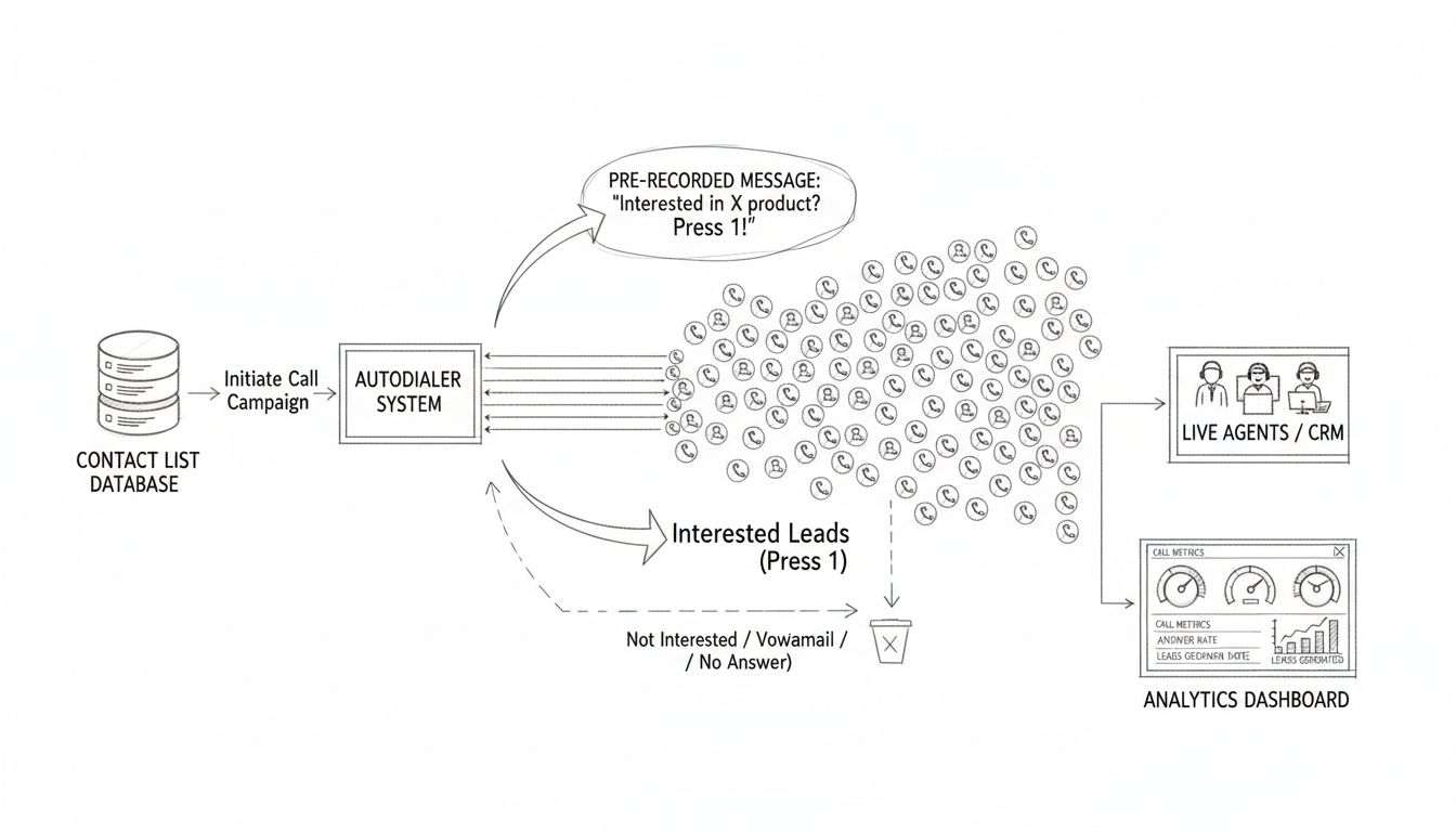 Diagramma del flusso di lavoro del voice broadcasting che mostra lista contatti, sistema autodialer, distribuzione dei messaggi, instradamento delle risposte e dashboard di analytics