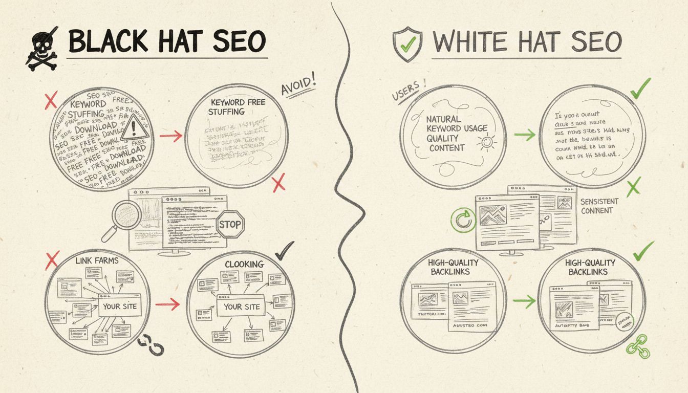 Diagramma comparativo tra tattiche SEO black hat e white hat che mostra a sinistra le tecniche proibite e a destra le alternative etiche