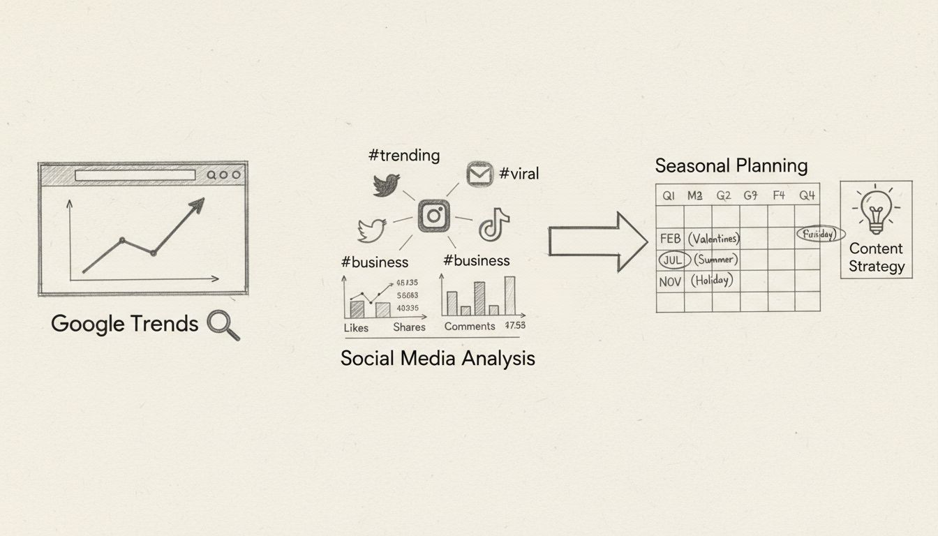 Diagramma del flusso di lavoro della ricerca di argomenti di tendenza che mostra l'interfaccia Google Trends, l'analisi degli hashtag sui social media e la pianificazione di contenuti stagionali