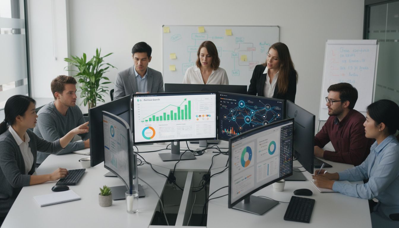 Team di una startup tecnologica che collabora su una strategia di affiliate marketing con dashboard che mostra metriche e visualizzazione del network di partner