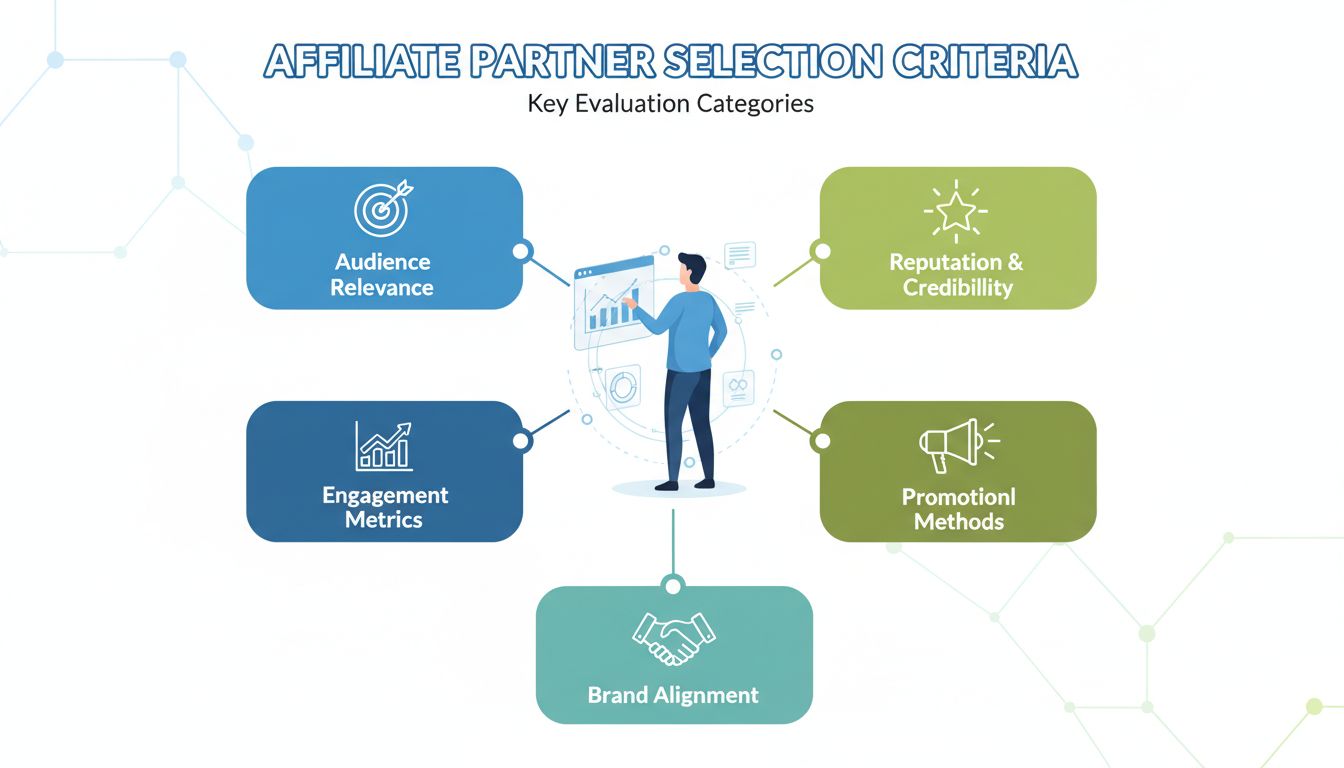 Criteri chiave per la scelta dei partner affiliati tra cui rilevanza del pubblico, reputazione, metriche di coinvolgimento, metodi promozionali e allineamento con il brand
