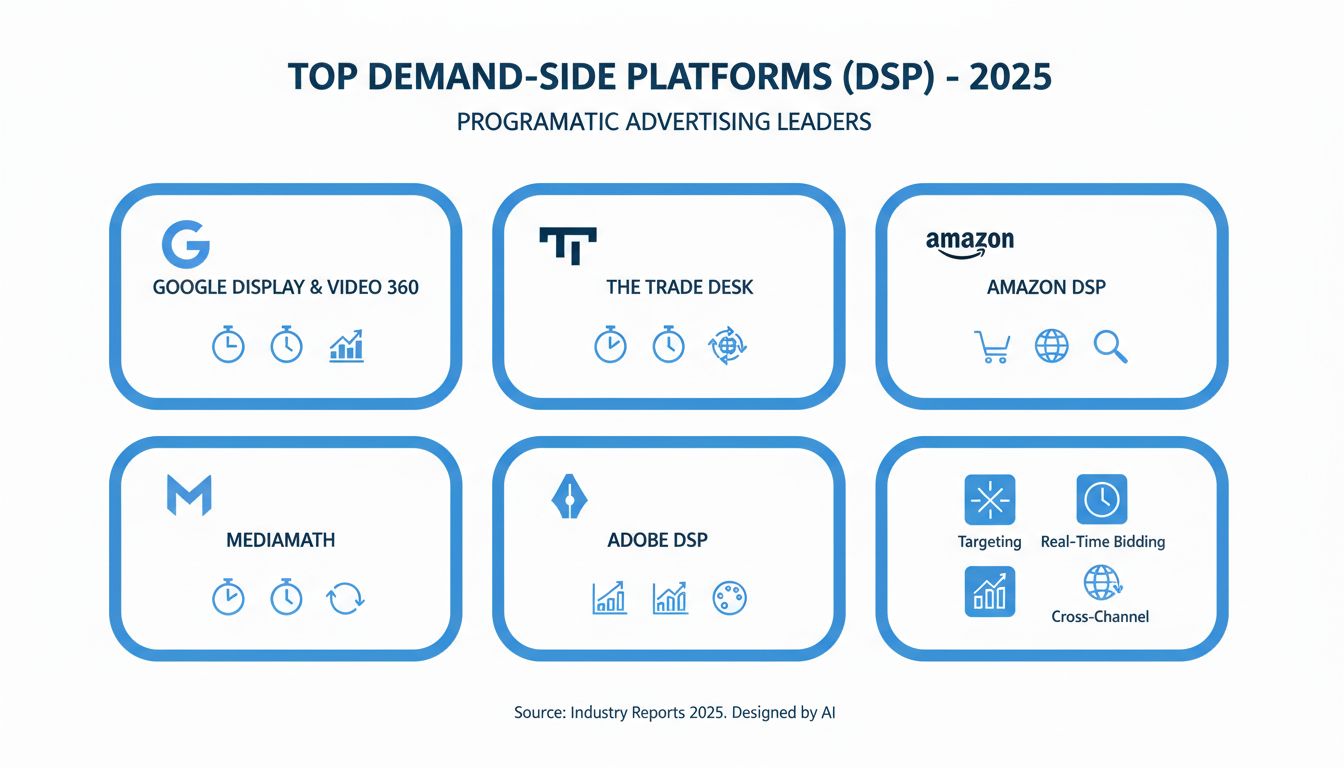 Le migliori demand-side platform per la pubblicità programmatica tra cui Google Display & Video 360, The Trade Desk, Amazon DSP, MediaMath e Adobe DSP