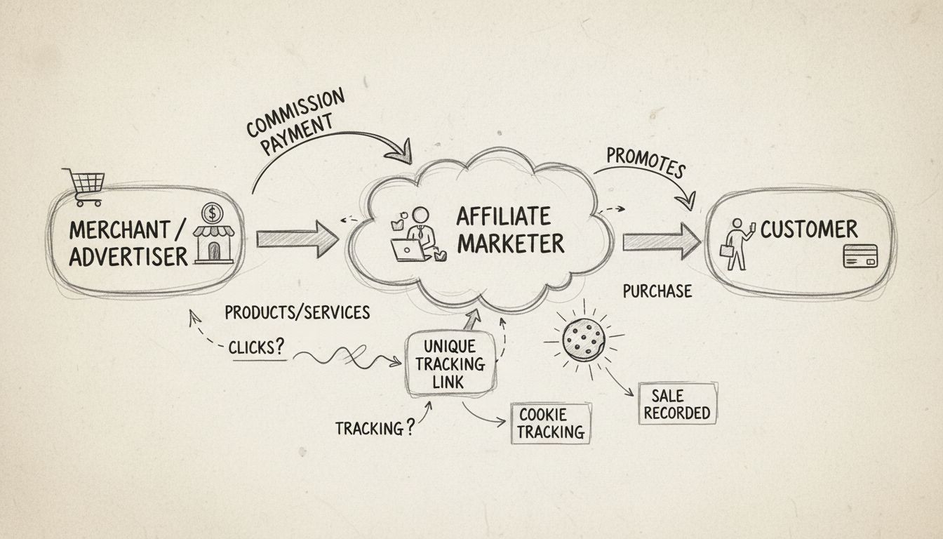 Affiliate marketing ecosystem diagram showing merchant, affiliate, customer, and commission flow