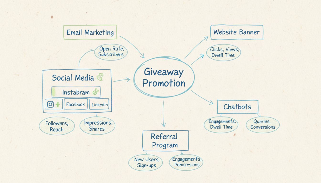 Schema della strategia di promozione del giveaway che mostra un approccio multicanale con email, social media, sito web, chatbot e programmi di referral