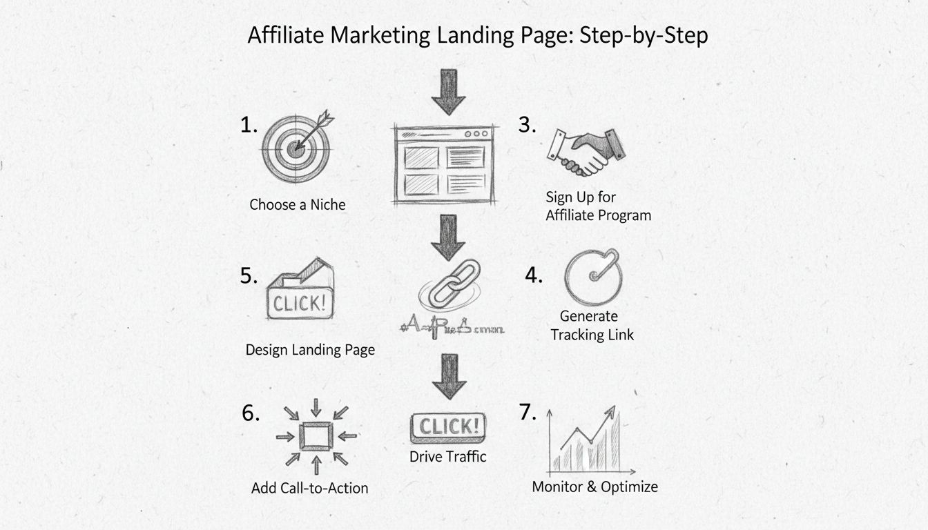 Diagramma del processo passo-passo per avviare una landing page di affiliate marketing che mostra 7 fasi chiave dalla selezione della nicchia all’ottimizzazione