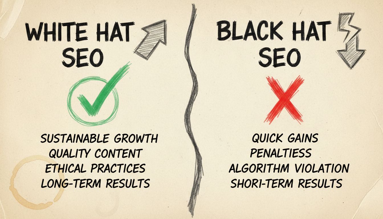 Diagramma comparativo tra White Hat SEO e Black Hat SEO che mostra crescita sostenibile vs penalizzazioni