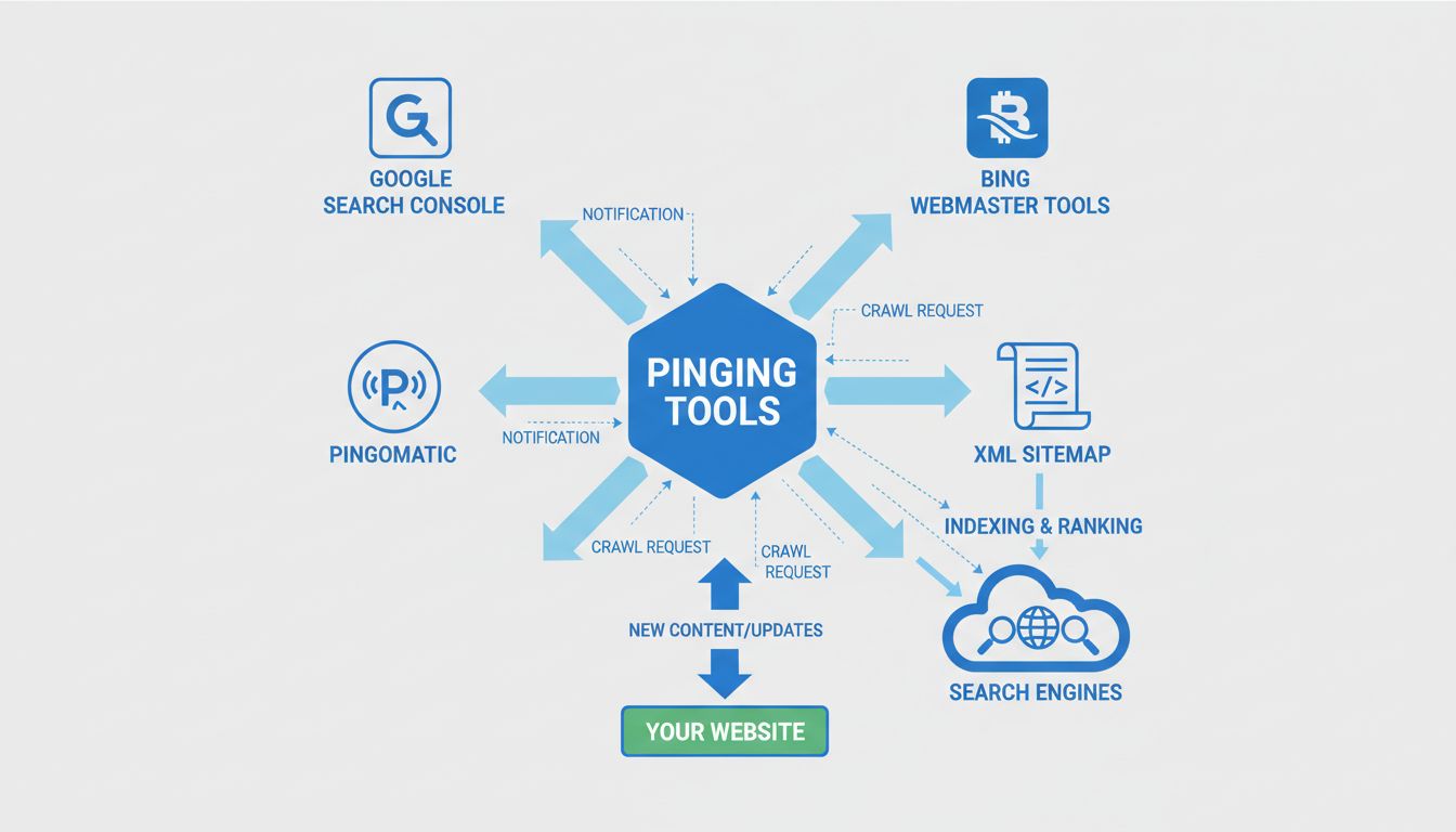 Schema del flusso di lavoro degli strumenti di pinging che mostra le connessioni tra sito web, servizi di pinging e motori di ricerca