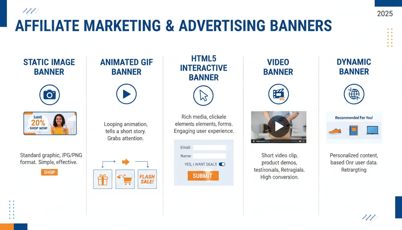 Diversi tipi di banner per l'affiliate marketing, inclusi banner statici, GIF animate, HTML5, video e banner dinamici