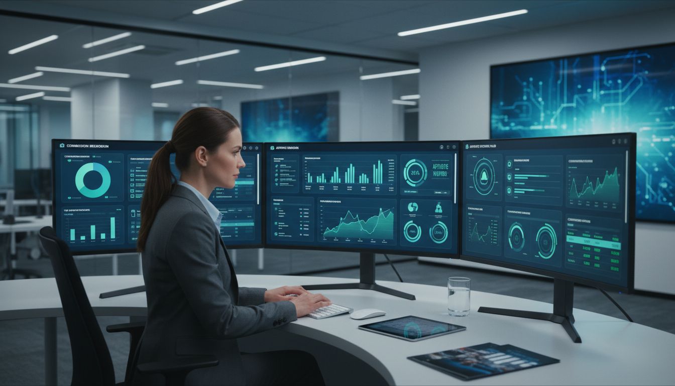 Affiliate manager alla scrivania con più monitor che mostrano dashboard di analisi e metriche di performance