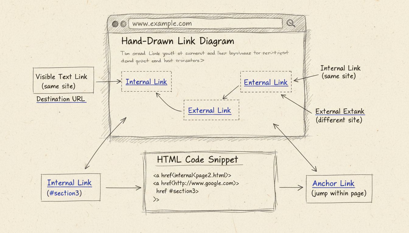 Diagramma disegnato a mano che mostra la struttura dei link di testo visibili con codice HTML, esempi di link interni, esterni e di ancoraggio