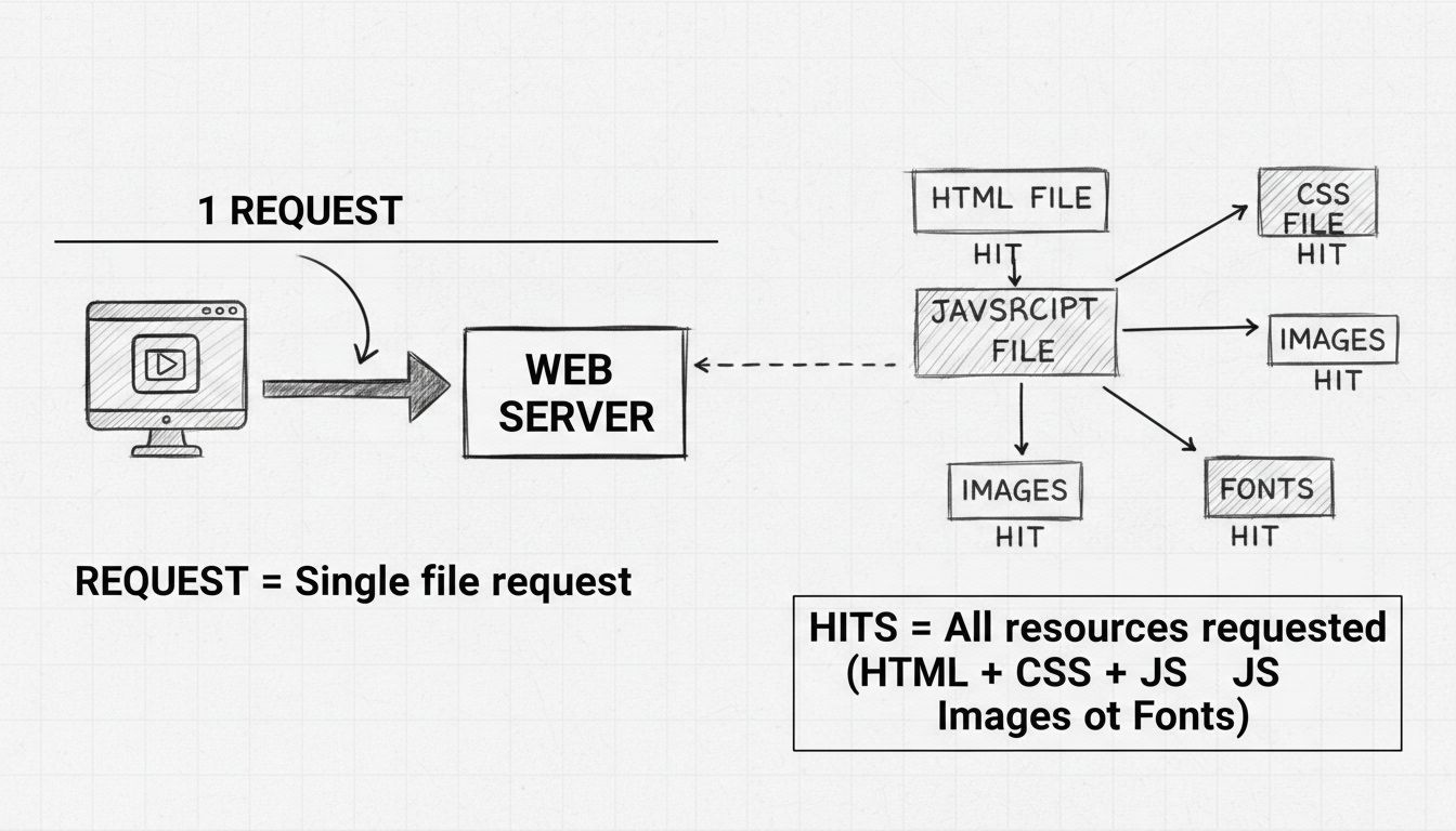 Diagramma che mostra la differenza tra richieste HTTP e hit, con una singola richiesta che si suddivide in più hit per HTML, CSS, JavaScript, immagini e font