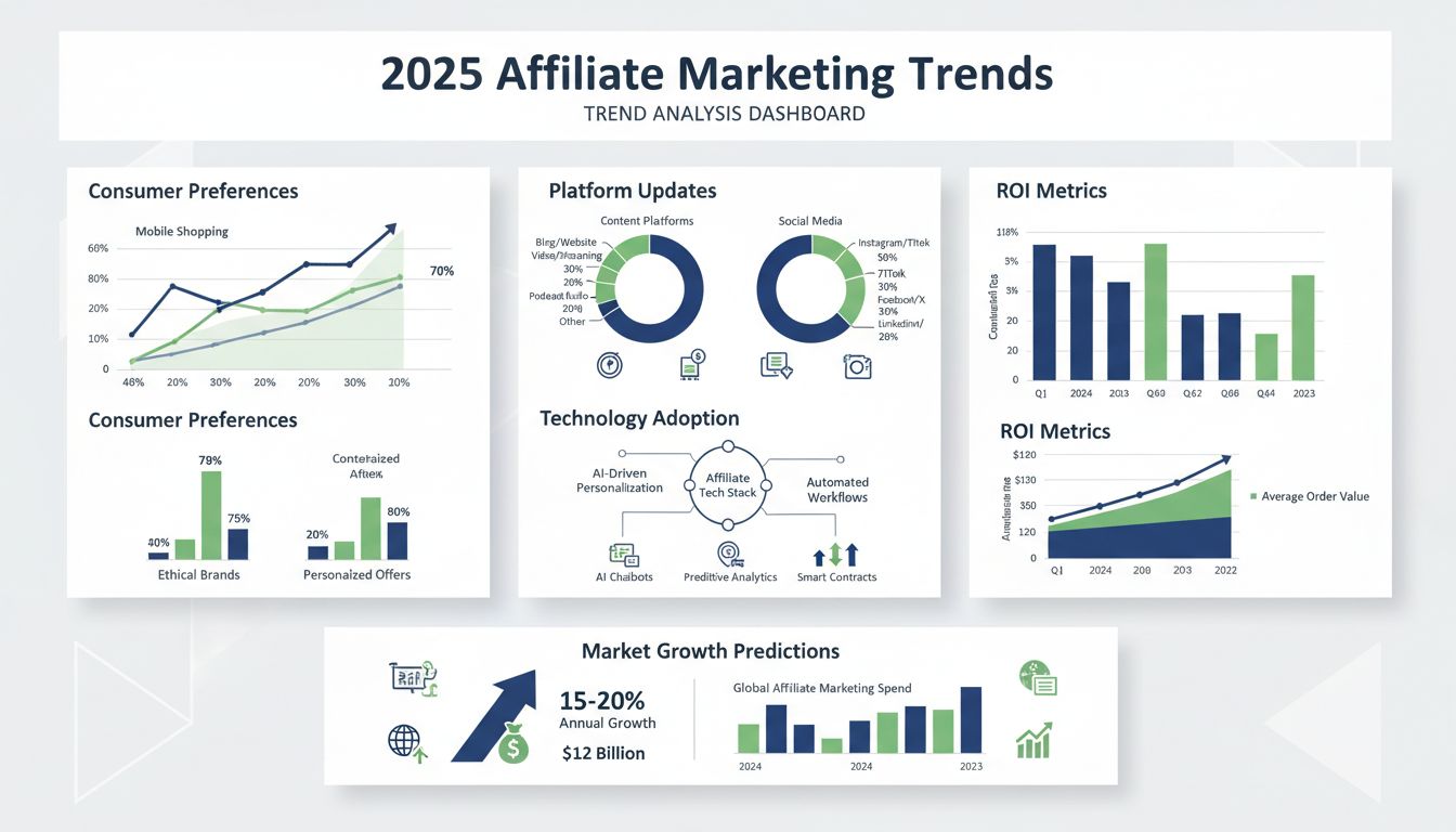 Dashboard Trend Marketing di Affiliazione 2025 che mostra analisi del comportamento dei consumatori, aggiornamenti delle piattaforme, adozione tecnologica e metriche ROI