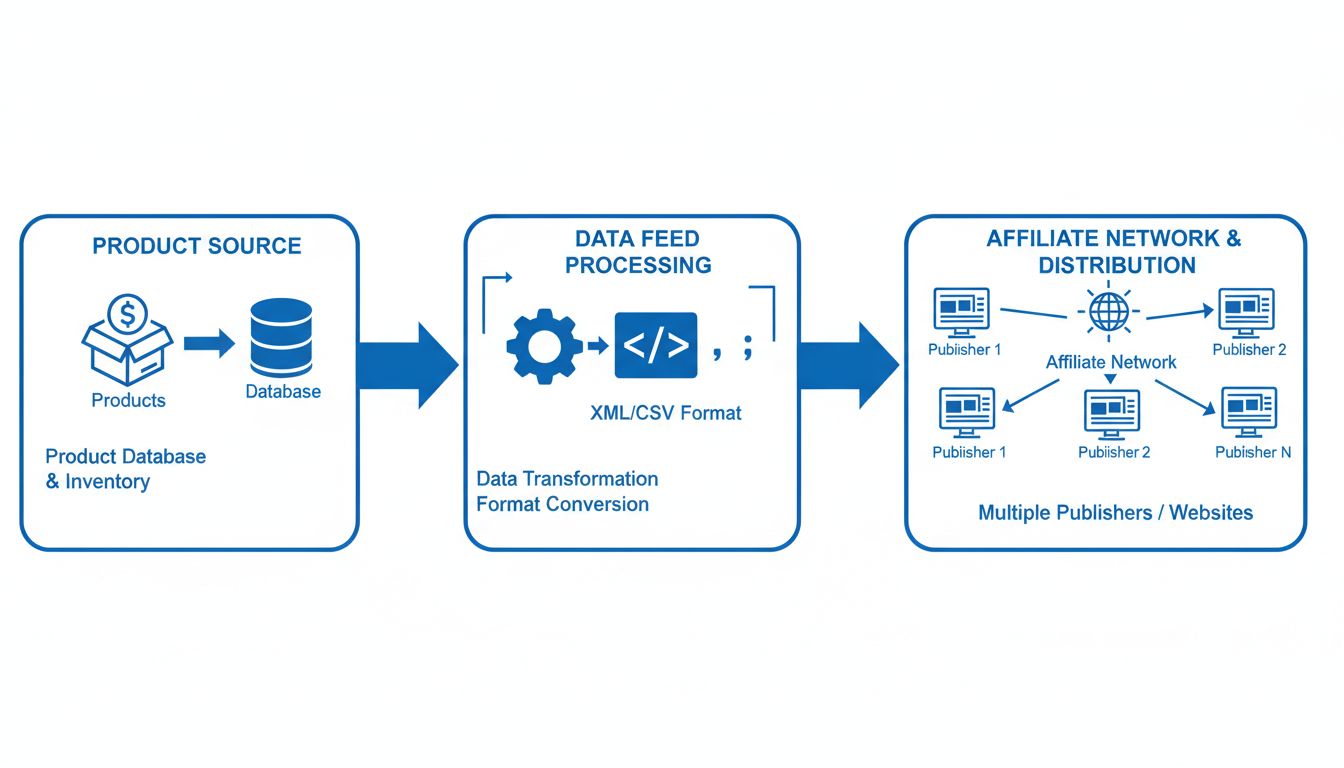 Schema del flusso di lavoro di un feed di dati affiliato che mostra database prodotto, elaborazione del feed e distribuzione agli editori