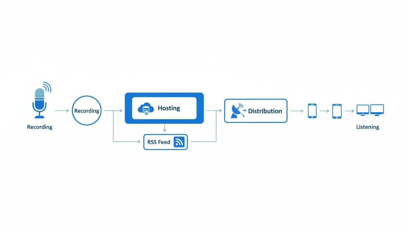 Diagramma del flusso di lavoro del podcasting che mostra registrazione, hosting, distribuzione feed RSS e dispositivi degli ascoltatori