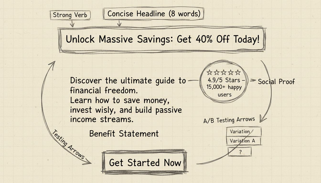 Diagramma disegnato a mano che mostra l'anatomia di un testo affiliato ad alta conversione con annotazioni per titoli concisi, verbi forti, numeri, frasi di beneficio, riprova sociale e CTA chiare