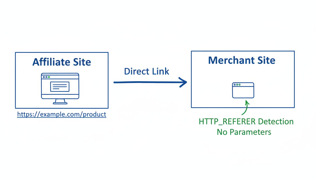 Diagramma del flusso di lavoro del DirectLink Tracking che mostra il sito affiliato che collega il sito del merchant con rilevamento HTTP_REFERER