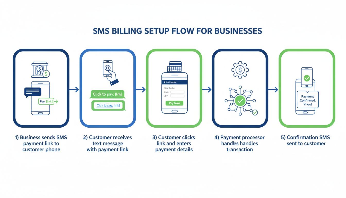 Diagramma del flusso di configurazione fatturazione SMS che mostra 5 passaggi dalla spedizione del link di pagamento alla conferma del cliente
