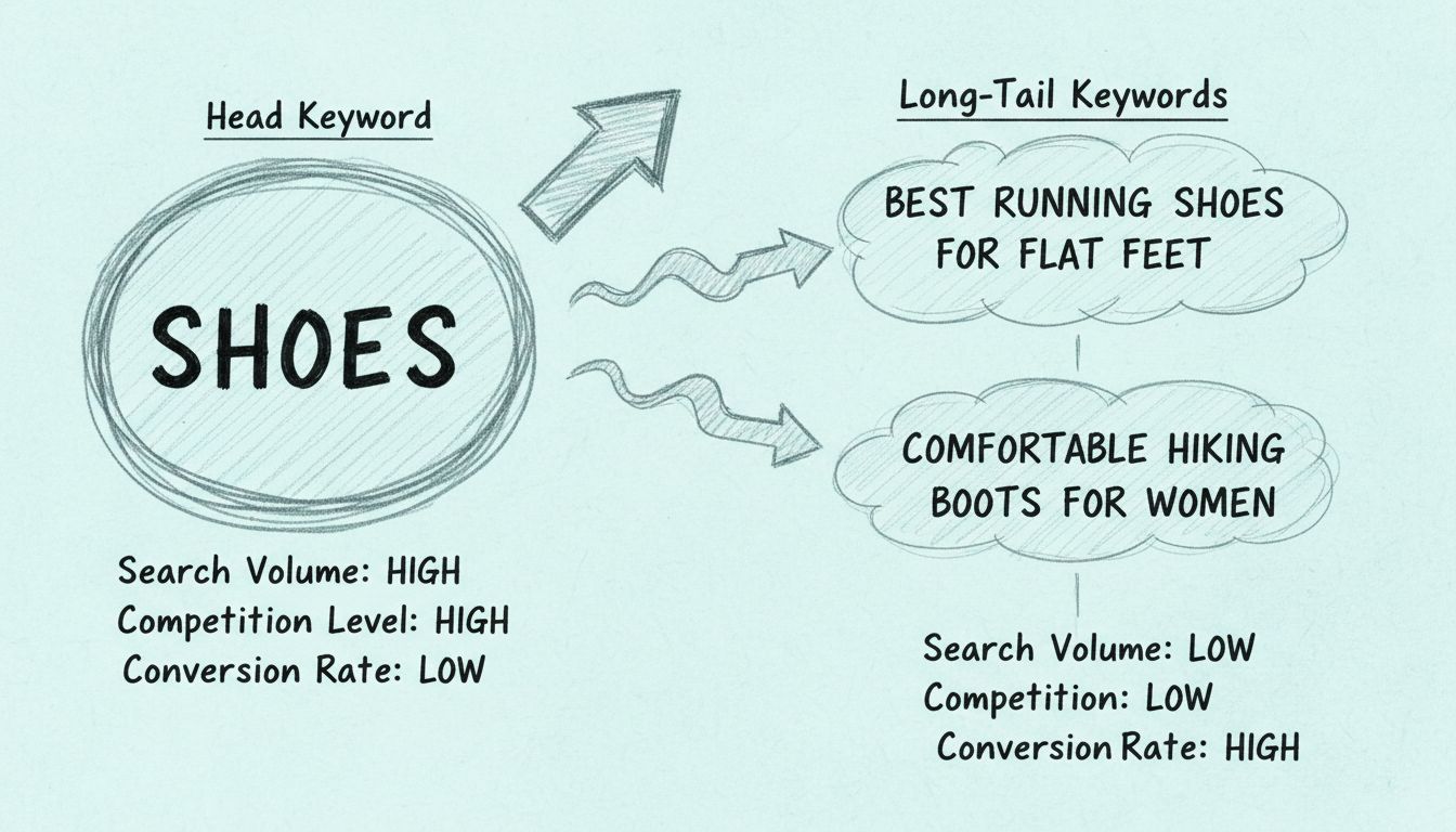 Diagramma della strategia delle keyword long-tail che mostra keyword ampie contro keyword long-tail specifiche con tassi di concorrenza e conversione