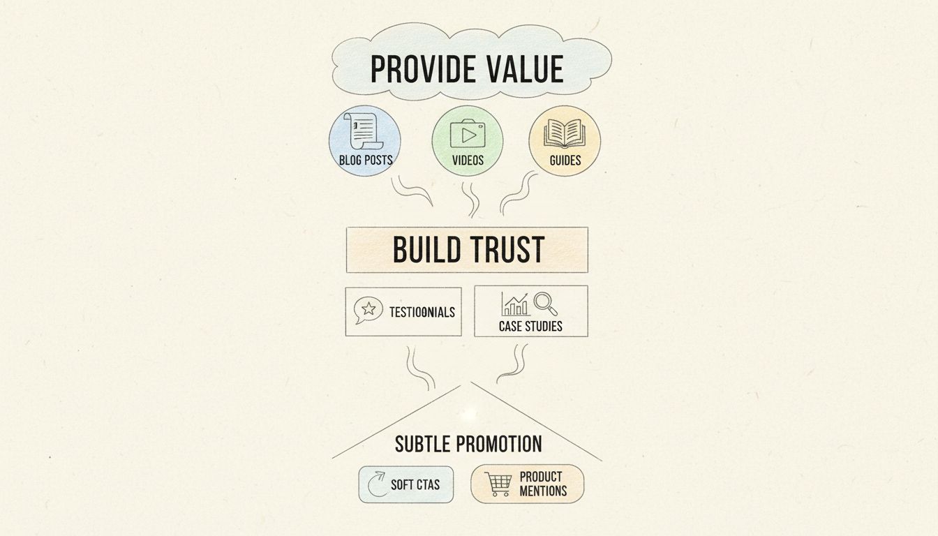 Diagramma funnel del marketing value-first che mostra il percorso dal valore, alla fiducia, alla promozione discreta