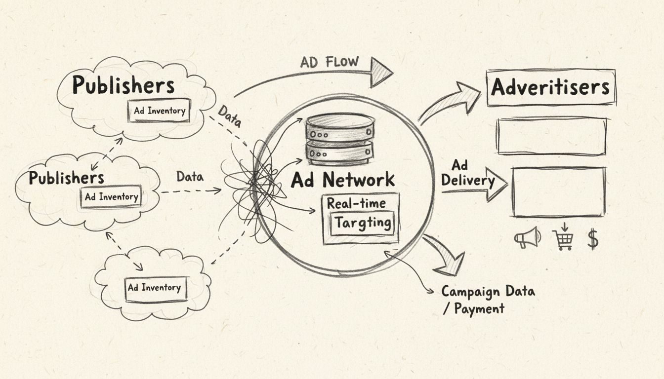 Diagramma disegnato a mano che mostra come le reti pubblicitarie collegano publisher, inserzionisti e targeting tramite aste in tempo reale