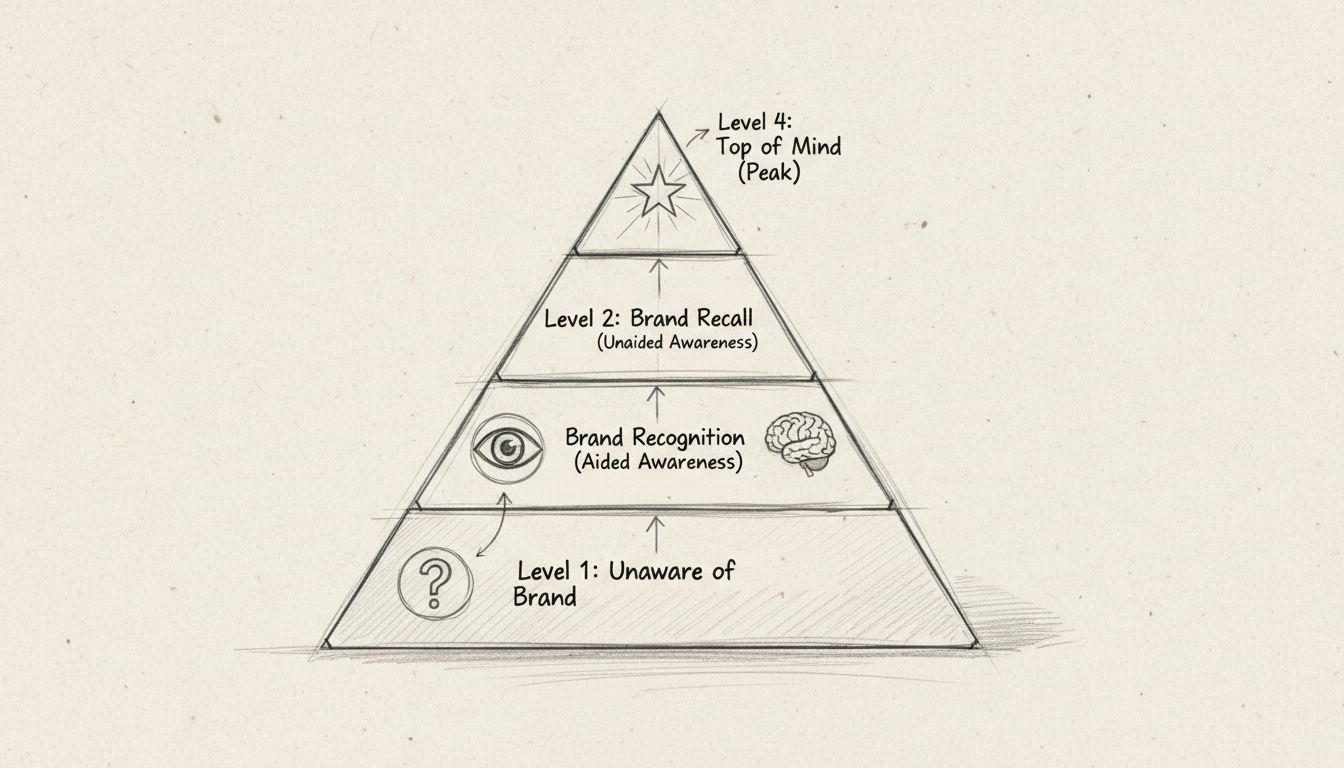 Diagramma a piramide dei quattro livelli di brand awareness che mostra le fasi di inconsapevolezza, riconoscimento, richiamo e top of mind