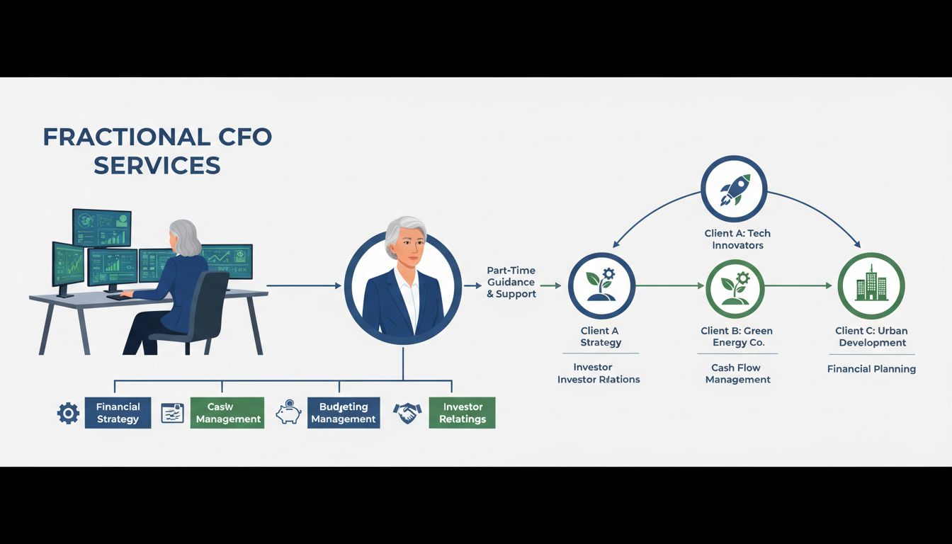 CFO frazionario che offre servizi finanziari tra cui gestione della liquidità, budgeting, strategia finanziaria, gestione del rischio e relazioni con gli investitori