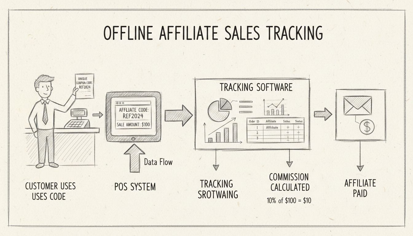 Diagramma del sistema di tracciamento delle vendite affiliate offline che mostra il cliente che utilizza il codice coupon al POS, i dati che fluiscono verso il software di tracciamento, il calcolo delle commissioni e il pagamento all'affiliato