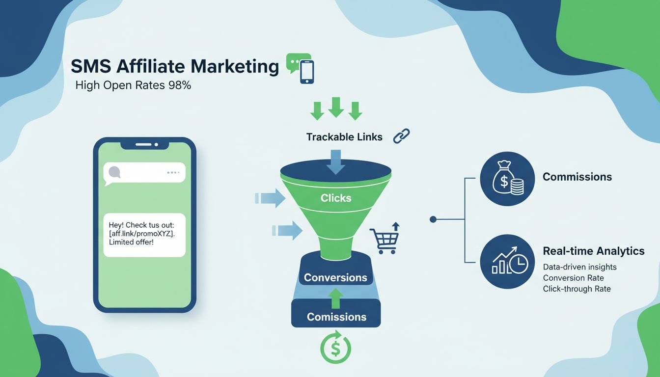 Flusso di lavoro SMS Affiliate Marketing che mostra uno smartphone con messaggio di testo, funnel di conversione, metriche di tracciamento e guadagni da commissione