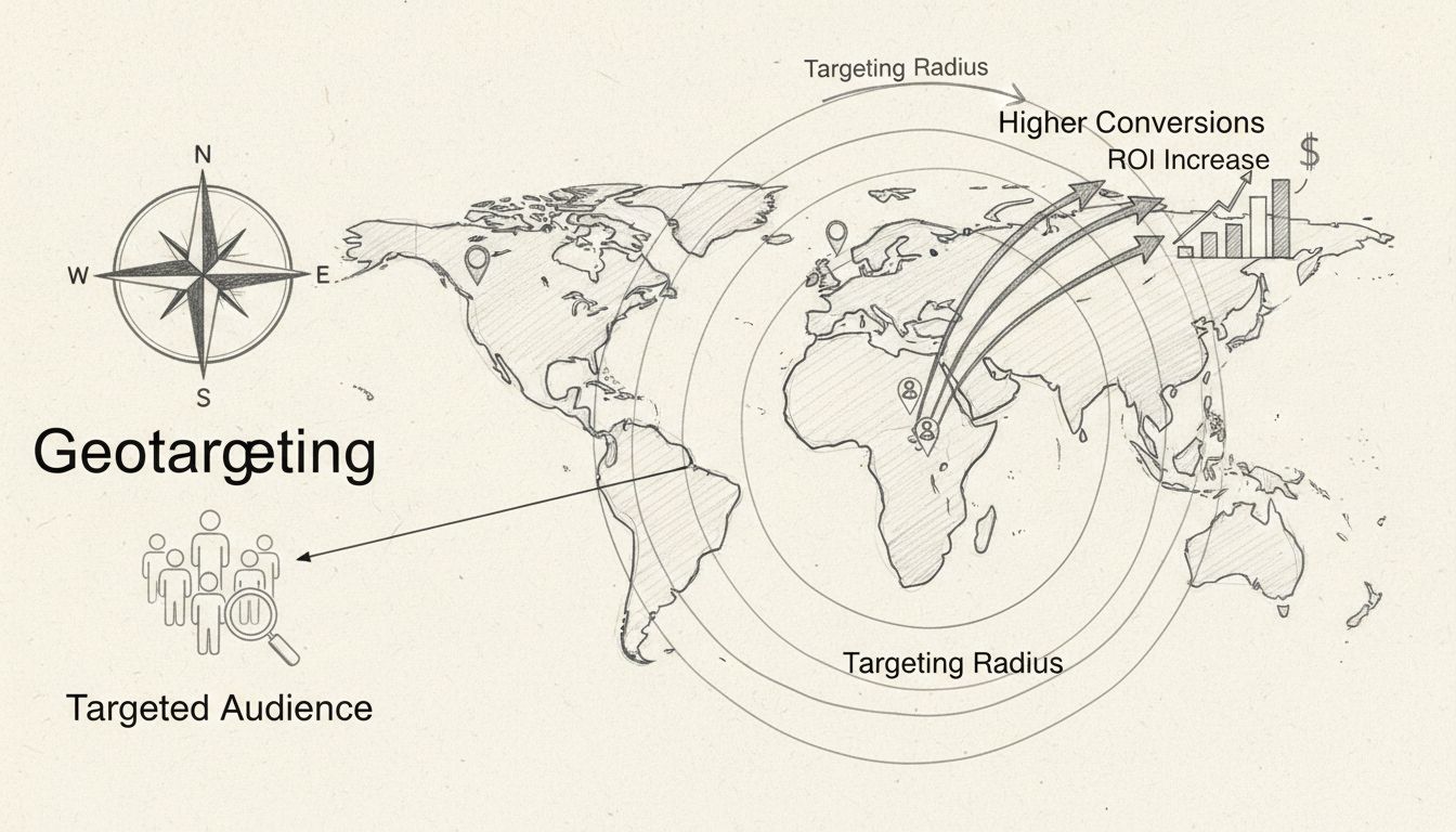 Diagramma disegnato a mano che mostra l'efficacia del geotargeting con pin di localizzazione, cerchi di raggio di targeting, frecce di conversione e metriche ROI