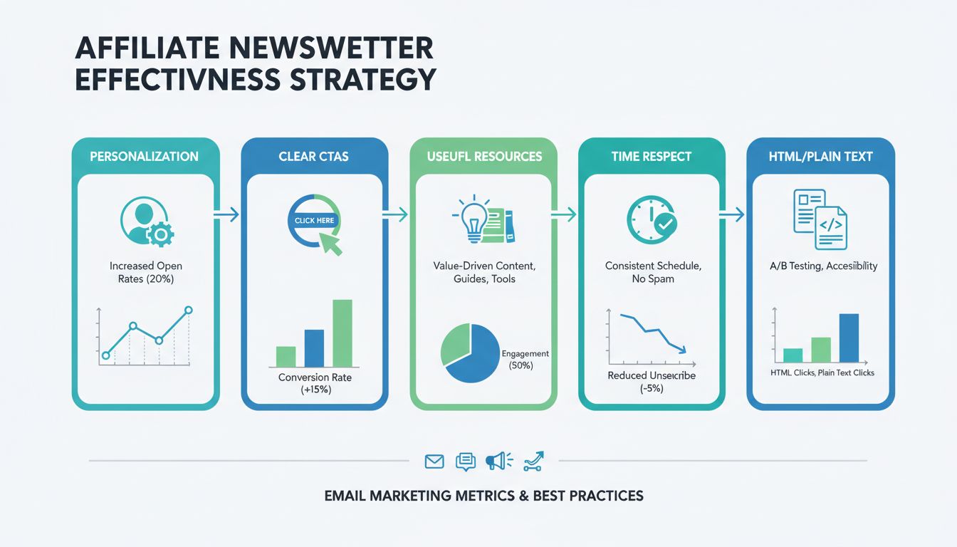 Infografica strategia efficacia newsletter affiliati: personalizzazione, CTA, risorse, rispetto del tempo e consegna multi-formato