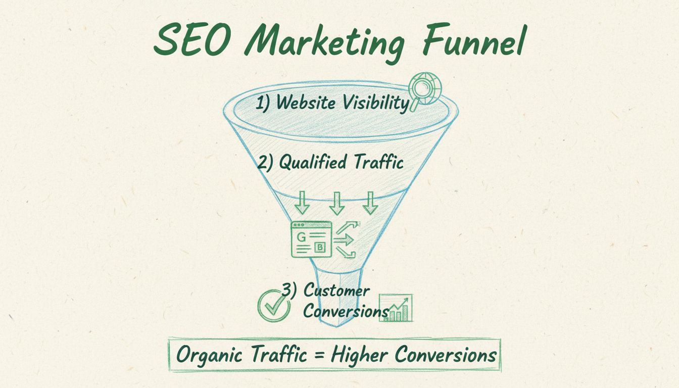Funnel di marketing SEO che mostra visibilità, traffico qualificato e conversioni dei clienti