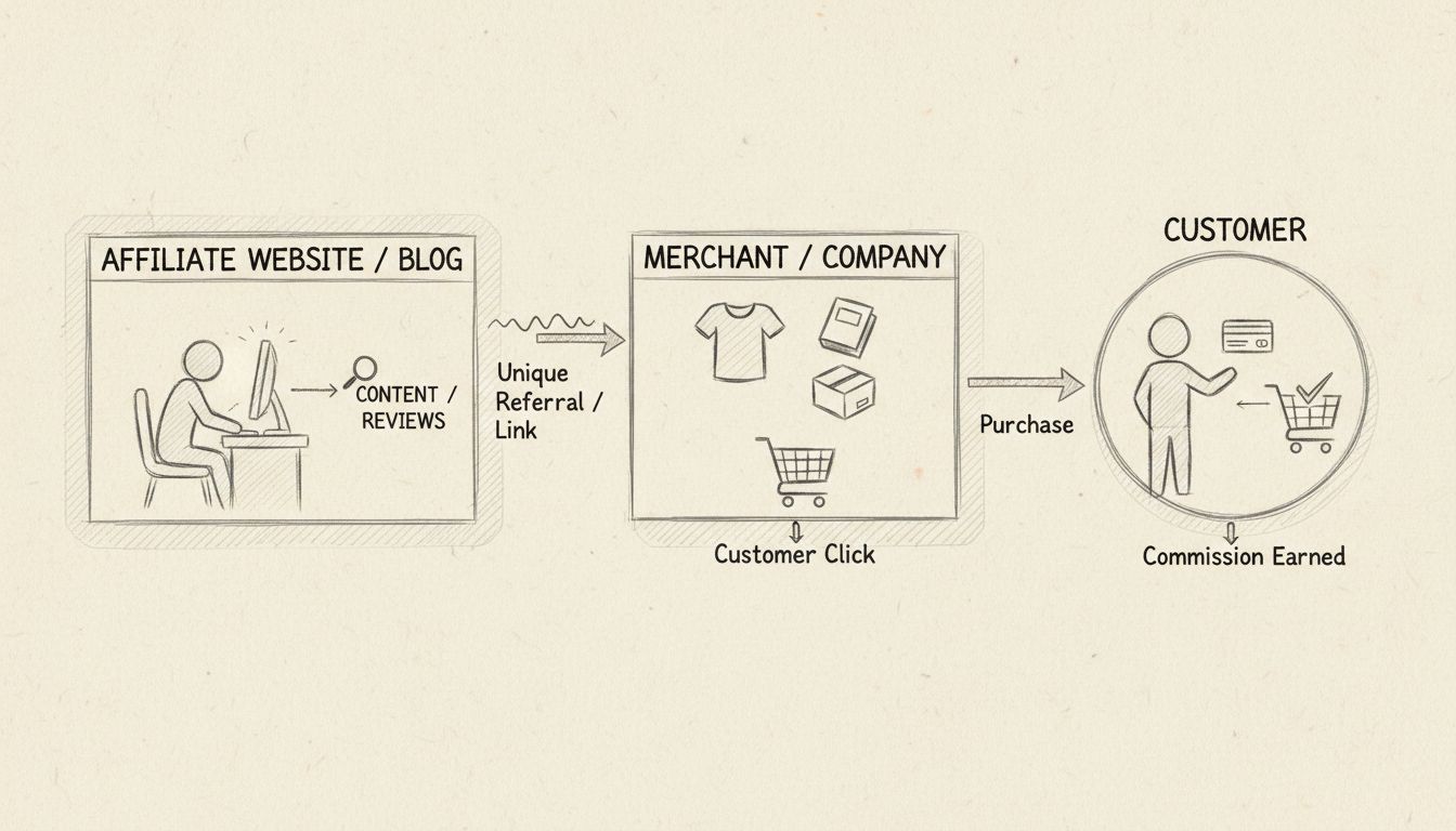 Diagramma disegnato a mano che mostra come funzionano i siti affiliati con tre componenti: sito affiliato, azienda commerciante e cliente, collegati da frecce che indicano link di riferimento, clic, acquisti e commissioni