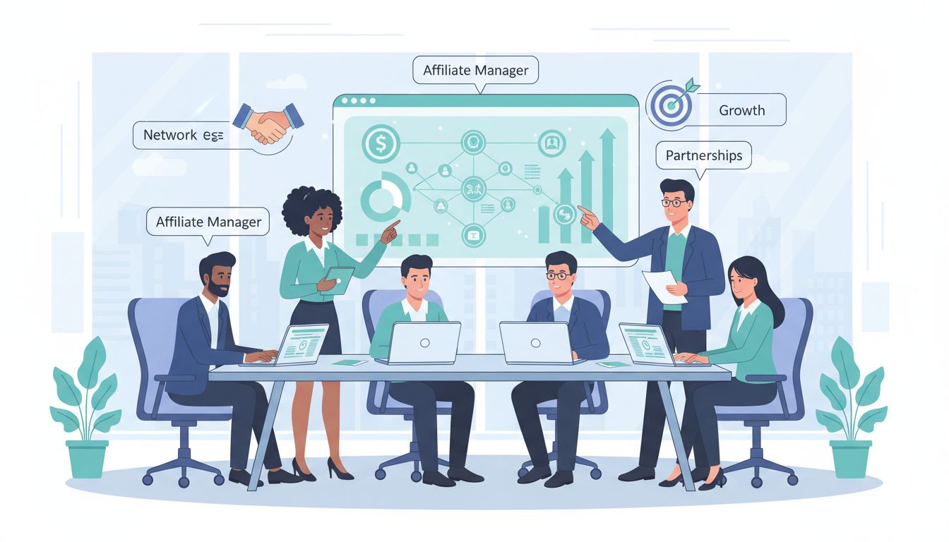 Team professionale di affiliate manager che collabora attorno a un tavolo con laptop, grafici e diagrammi di rete che mostrano strategie di partnership e crescita