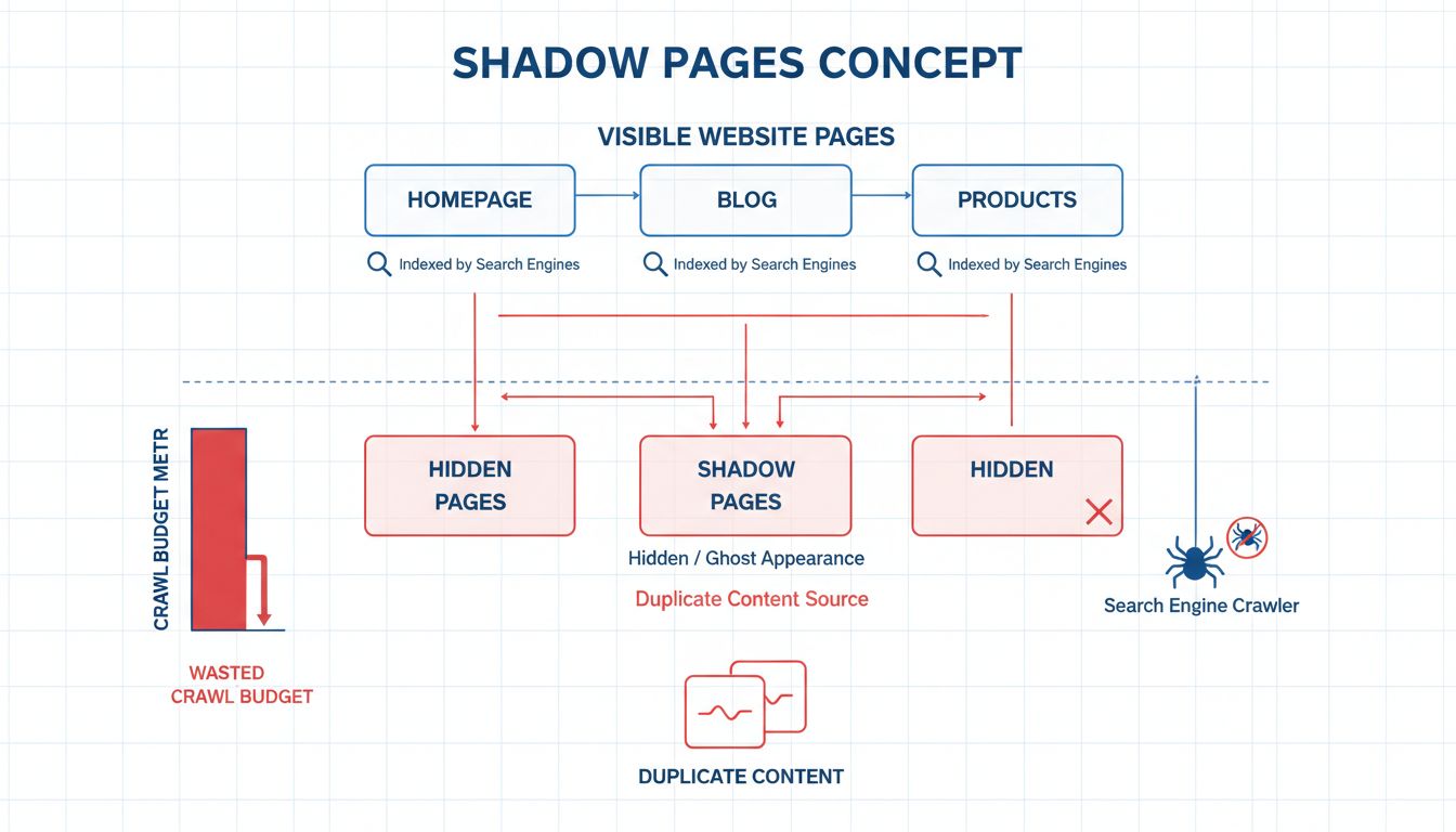 Diagramma tecnico che mostra il concetto di shadow page con pagine visibili indicizzate e shadow page nascoste che sprecano il crawl budget