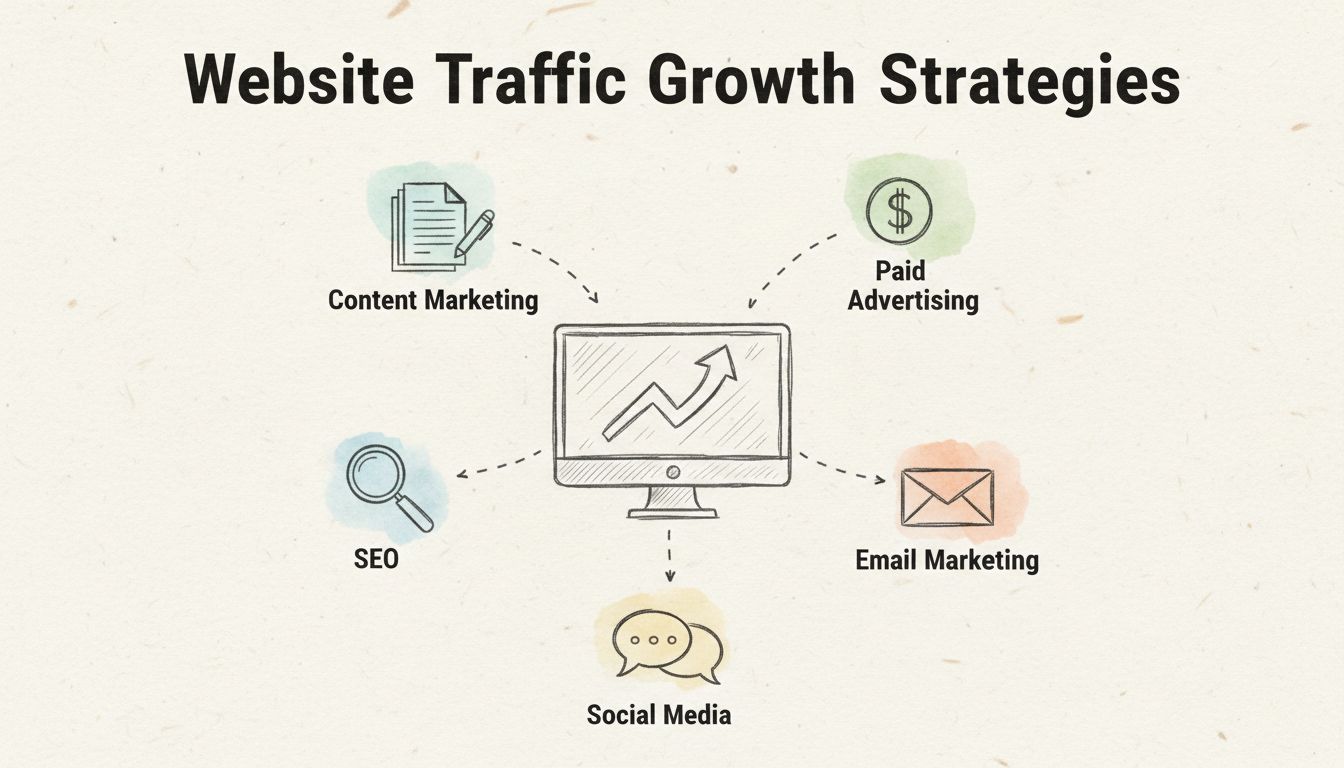 Diagramma delle strategie di crescita del traffico web che mostra più fonti di traffico inclusi SEO, social media, email marketing, content marketing e pubblicità a pagamento