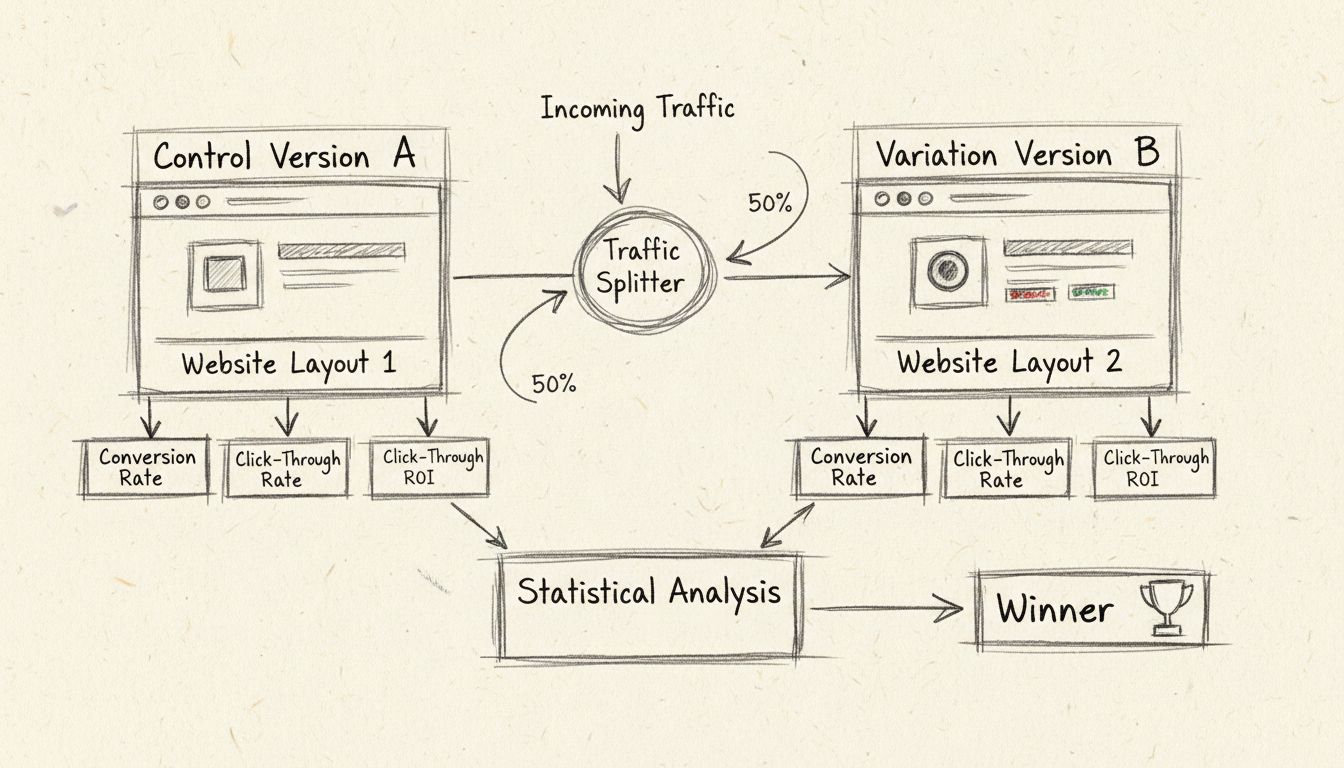 Diagramma disegnato a mano che mostra il test A/B con Versione di Controllo A e Versione di Variazione B, visualizzazione della suddivisione del traffico e analisi delle metriche