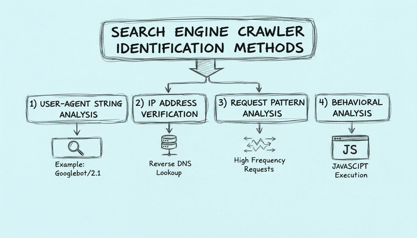 Diagramma a mano che mostra i quattro metodi per identificare i crawler dei motori di ricerca: analisi della stringa User-Agent, verifica dell’indirizzo IP, analisi dei pattern di richiesta e analisi comportamentale