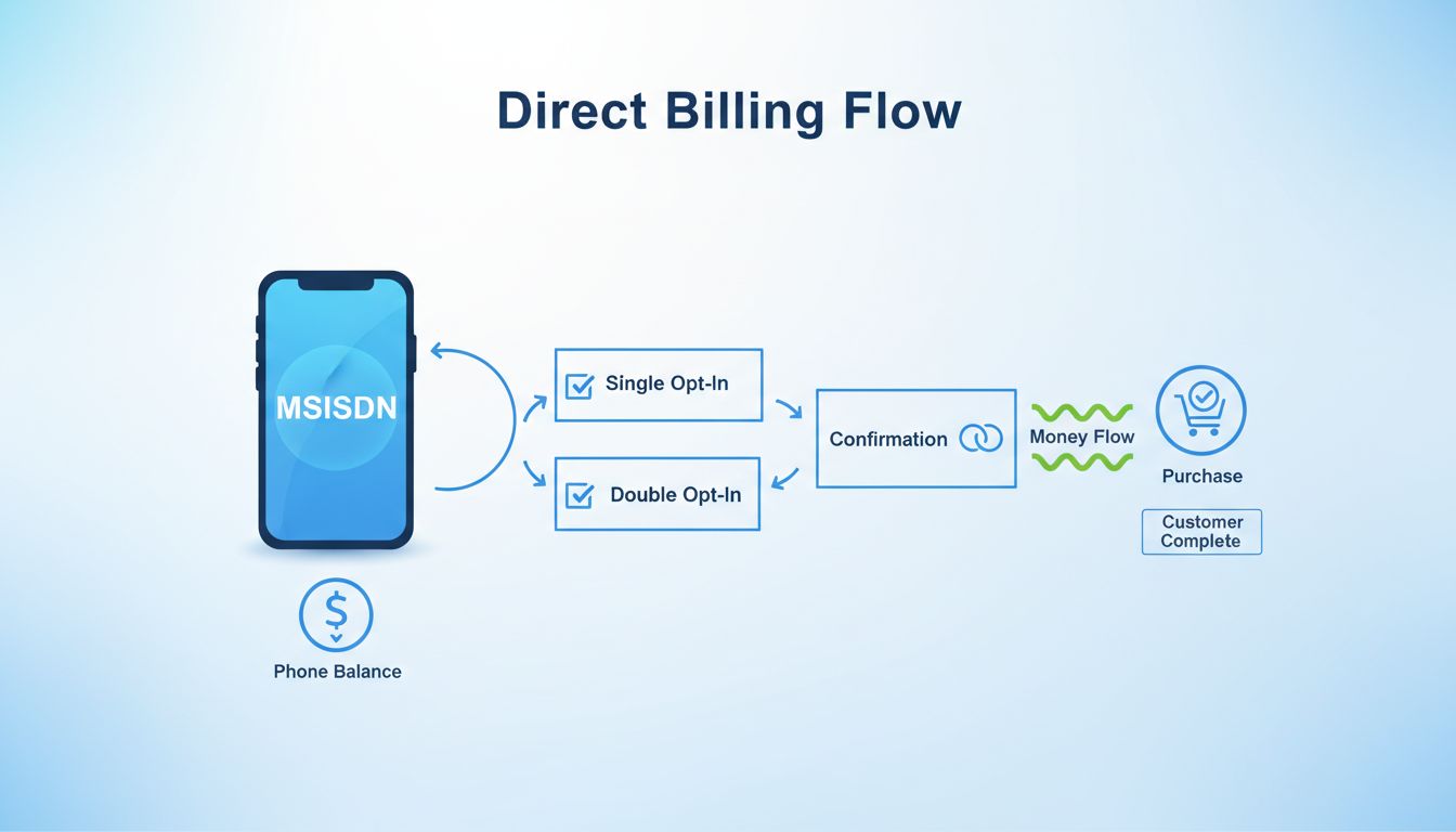 Infografica sul Direct Billing Flow che mostra identificazione MSISDN, detrazione saldo telefonico e passaggi di conferma