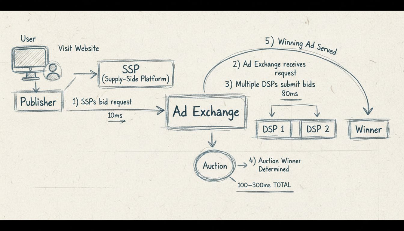 Diagramma del processo d’asta Real-Time Bidding che mostra utente, SSP dell’editore, ad exchange, più DSP che fanno offerte simultaneamente e pubblicazione dell’annuncio vincente in 100-300ms